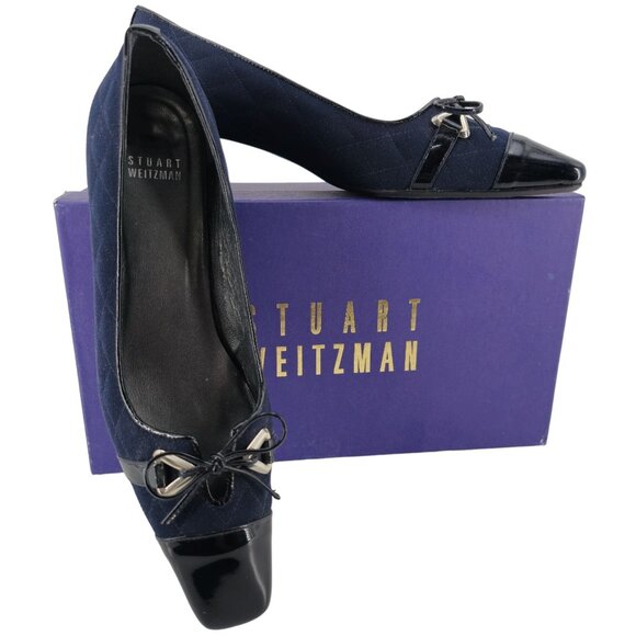 Stuart Weitzman Shoes - Stuart Weitzman 8.5AAAA Navy Crepe Fabric Black Leather Dress Bow Heels Womens